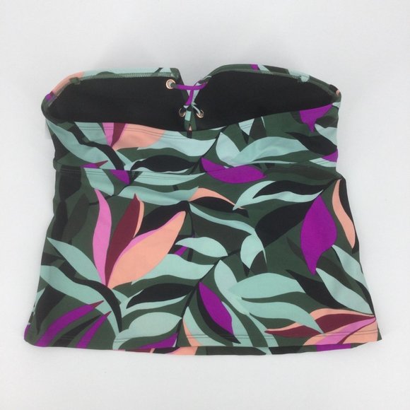 Hula Honey Green Swim Top Size Medium Tankini Tropical Print Lace Up Strapless - Picture 3 of 8